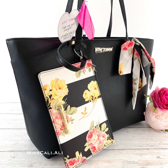Betsey Johnson Black Tote Bag + Wristlet Set - Picture 2 of 9